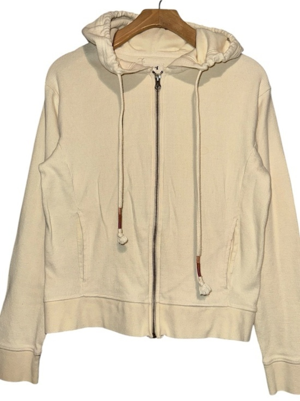 Pact Women’s Size S Cream Ivory Waffle Thermal Knit Hoodie Sweatshirt